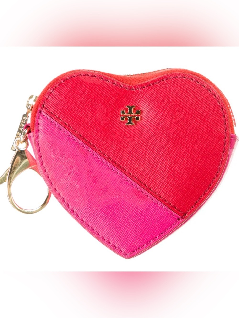 Tory Burch Two-Tone Heart Coin & Key Holder in Red and Pink